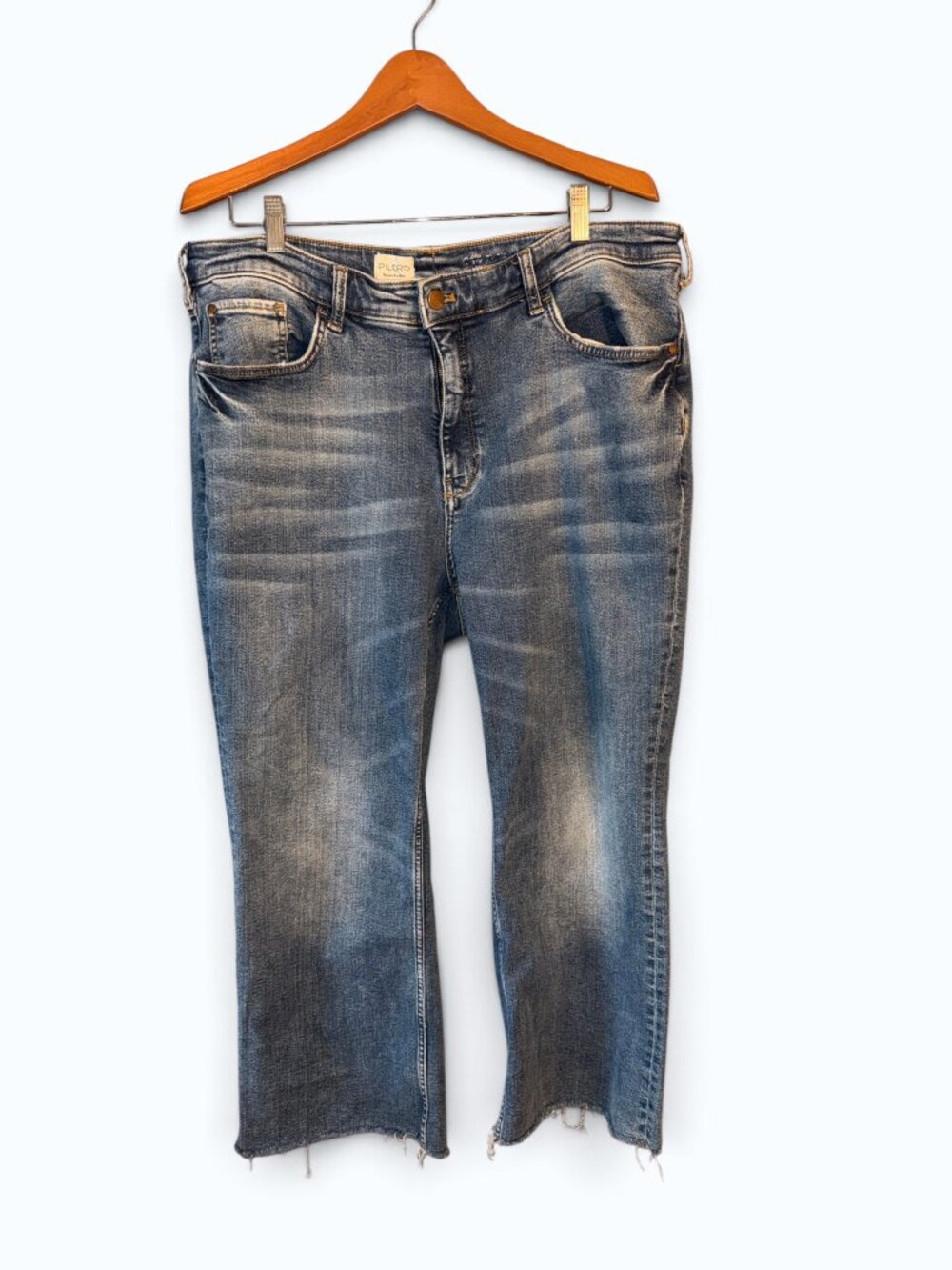 Pilcro Anthropologie The Yaya Mid-Rise Crop Flare Jeans Raw Hem Blue Plus 20